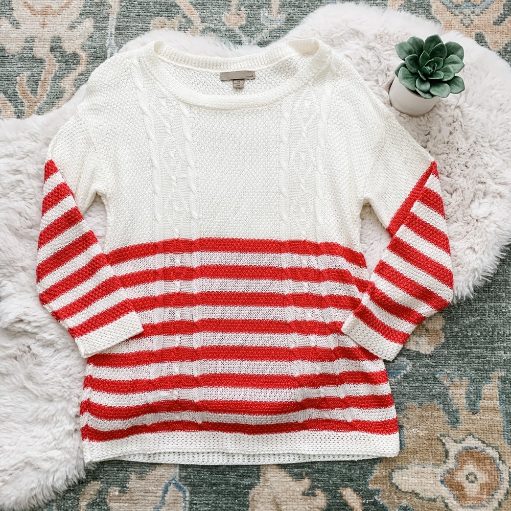 OneA Pink & White Striped Cable Knit Light Sweater- Size Medium